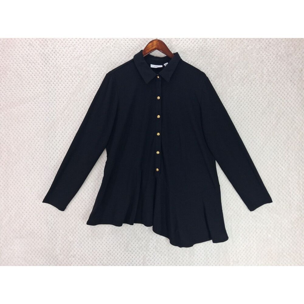 Susan Graver Asymmetric Button Down Top Women's Large Black Long Sleeve